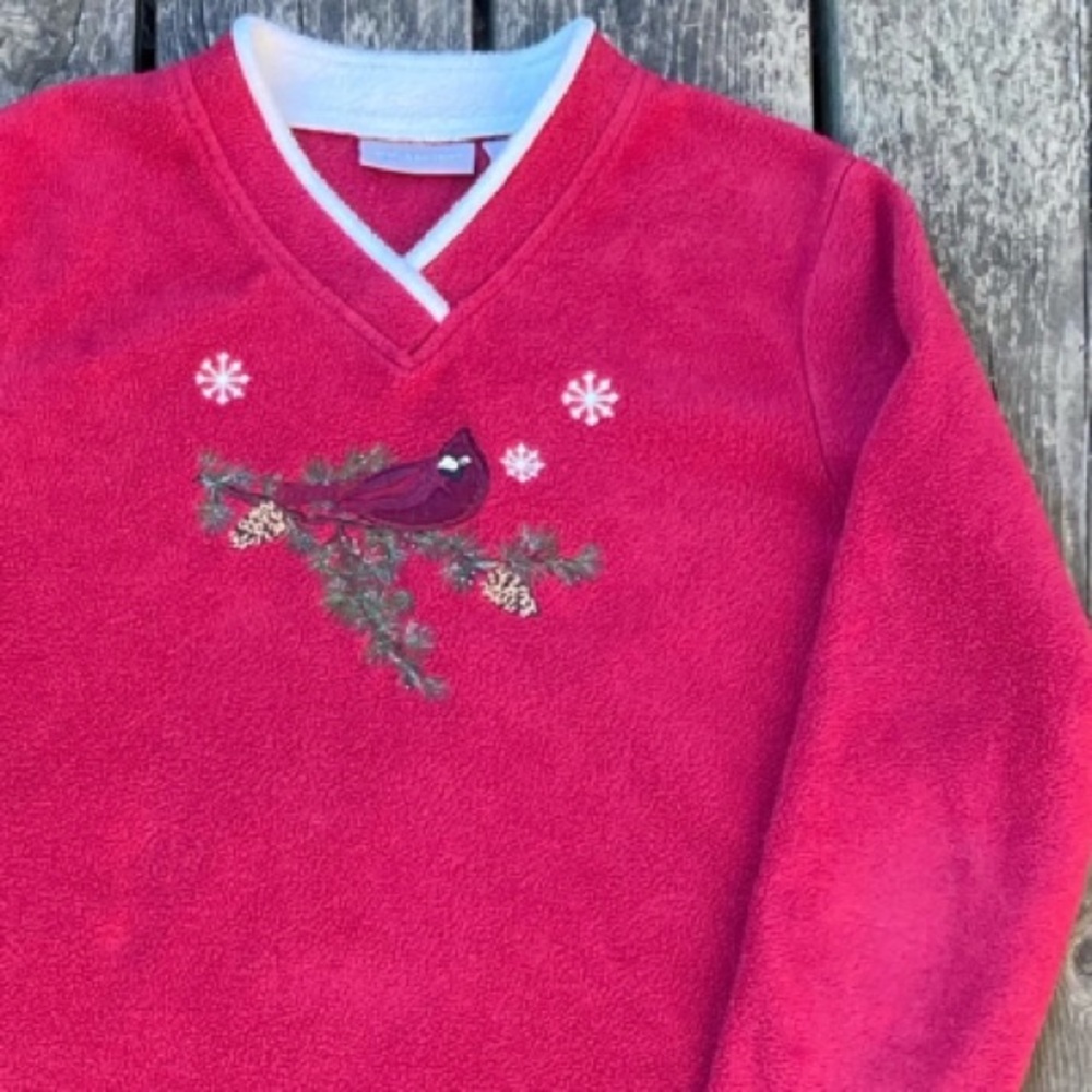 VINTAGE Top CROFT & BARROW Fleece Red Cardinal Bird White Green Size SP